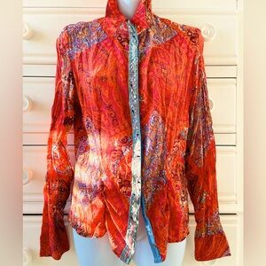 Intense orange and paisley fantasy blouse-beaded button line. cool with jeans